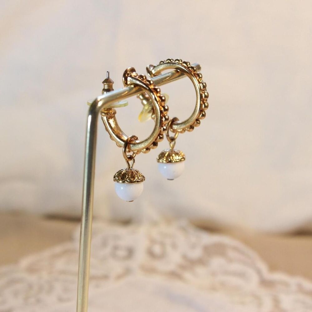 Fairycore gold-tone hoop earrings with faux pearl charm